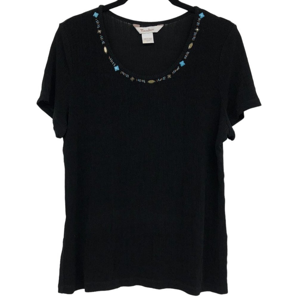 TanJay Black Textured jewelled neck Short Sleeve Shirt size S